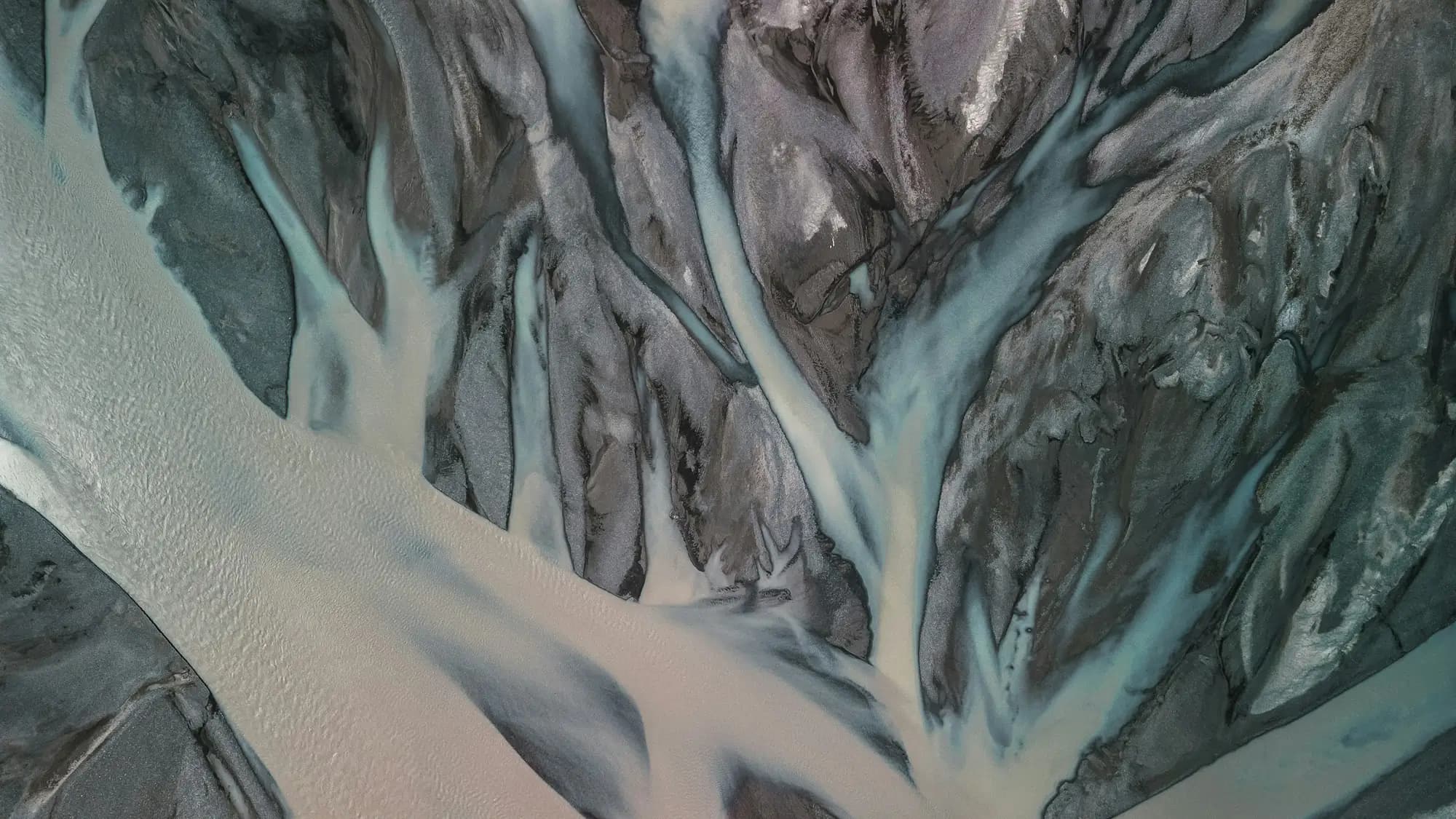 Aerial view of glacial river patterns in Iceland